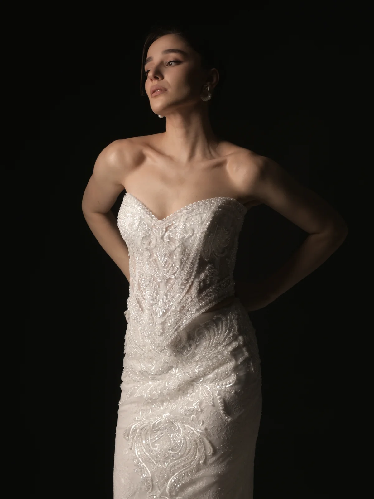 Dramatic low-key bridal portrait of Ninia wearing an embellished white dress