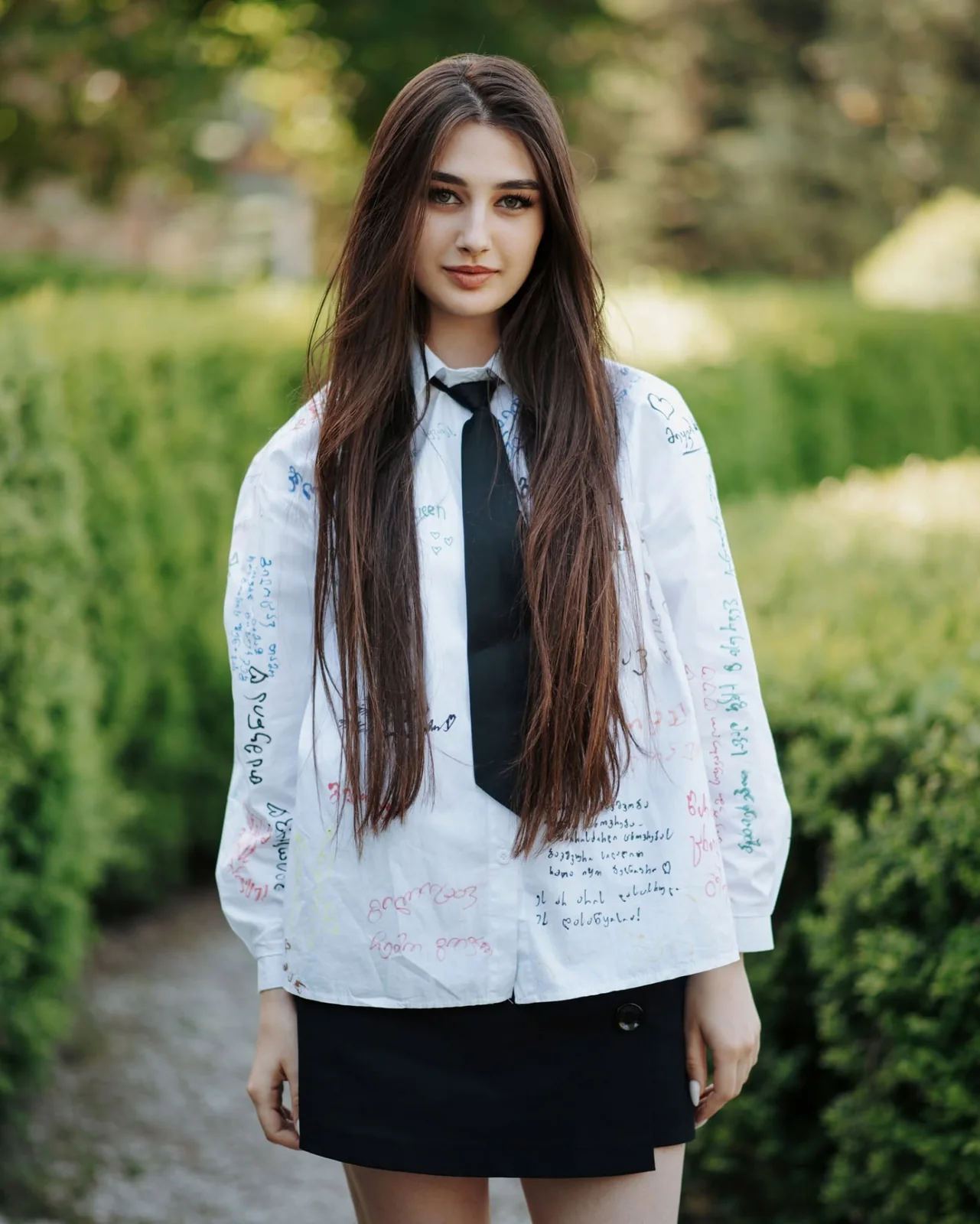 ბოლო ზარის ინდივიდუალური პორტრეტი — მოსწავლე ხელმოწერებიან თეთრ პერანგით და შავ ჰალსტუხით
